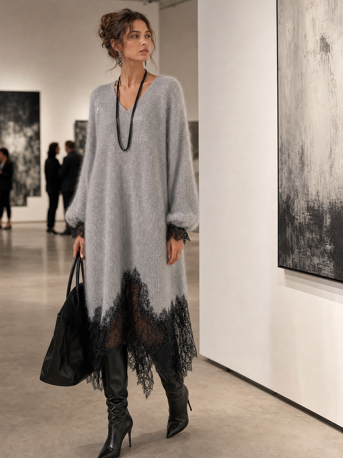 Colette | Robe Midi Grise en Maille à Ourlet en Dentelle