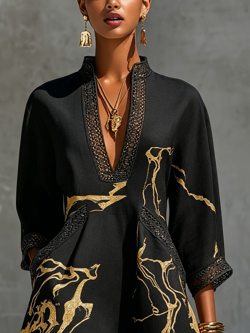 Domitille | Mini Robe Noire Imprimé Marbre Doré et Dentelle Crochet
