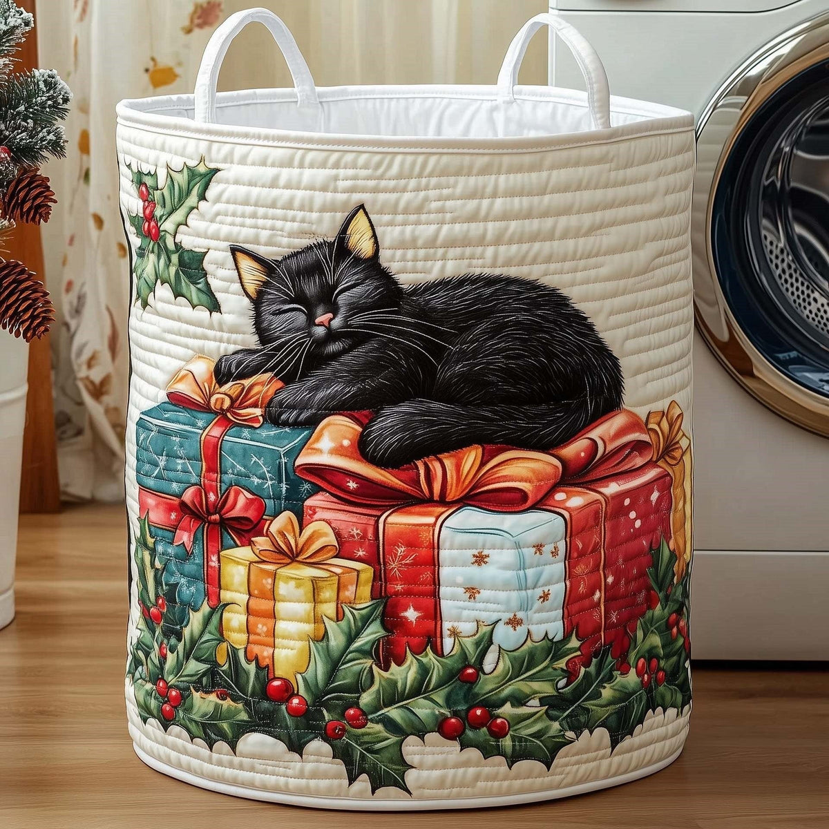 Sieste de Chat à Noël | Panier à Linge Matelassé