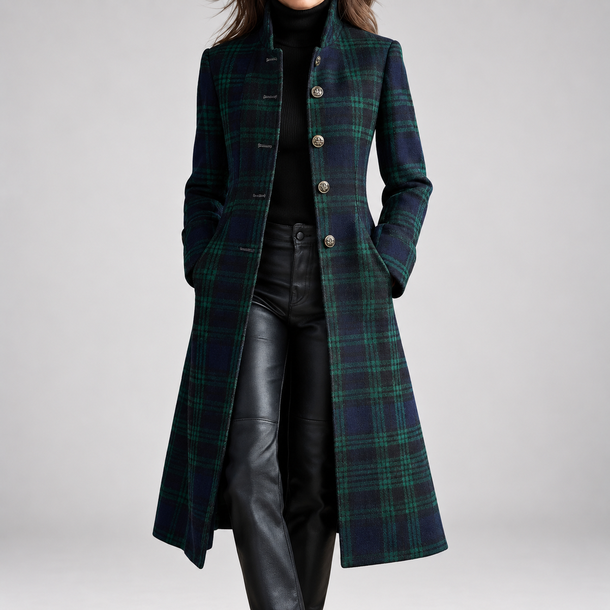 Sybille | Manteau Mi-Long Ajusté à Carreaux