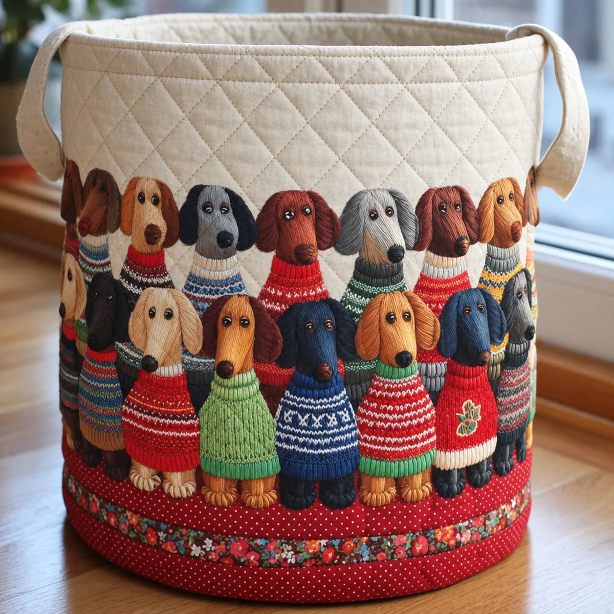Parade de Teckels en Pull | Panier à Linge Matelassé
