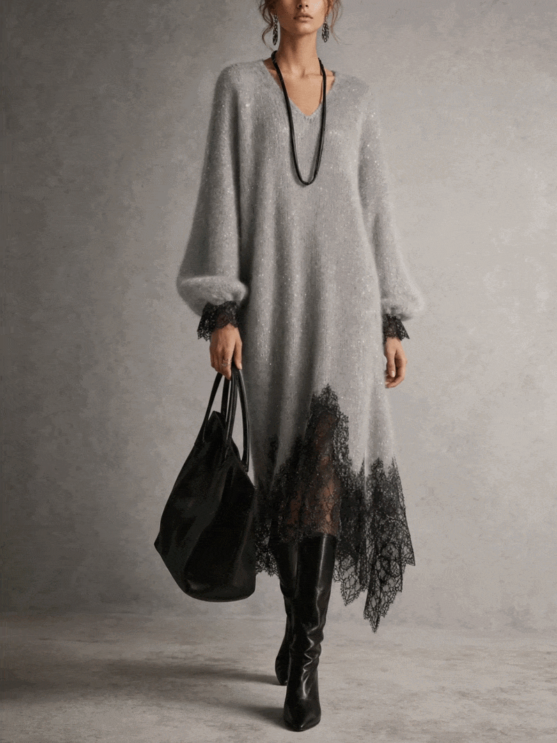 Colette | Robe Midi Grise en Maille à Ourlet en Dentelle