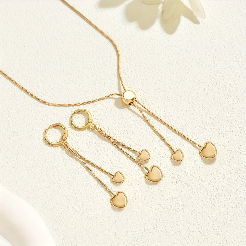 Rosalie™ | Set Collier Pendentif Cœur Ajustable & Boucles d'Oreilles