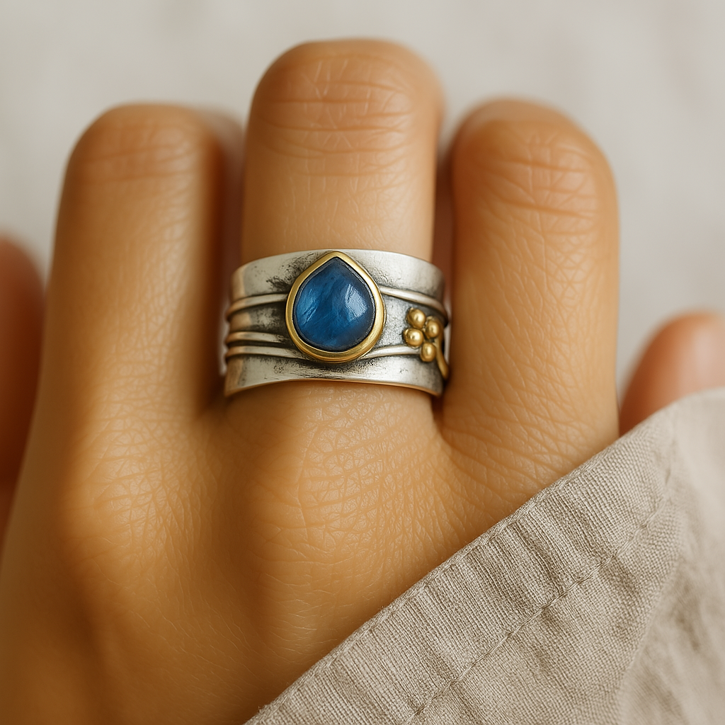 Florine | Bague Vintage Pierre Bleue Argentée et Plaqué Or