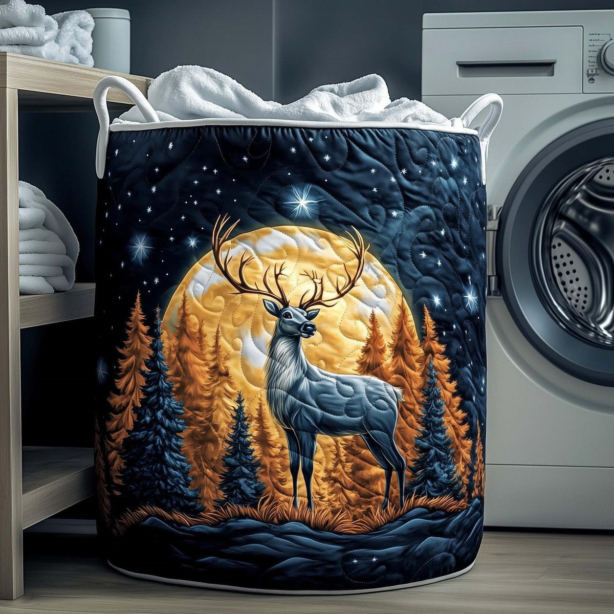Renne sous la Lune Dorée | Panier à Linge Matelassé