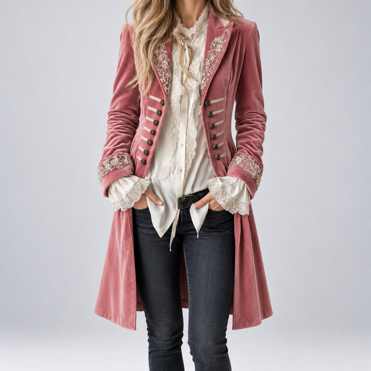 Laure | Veste Longue Brodée en Velours
