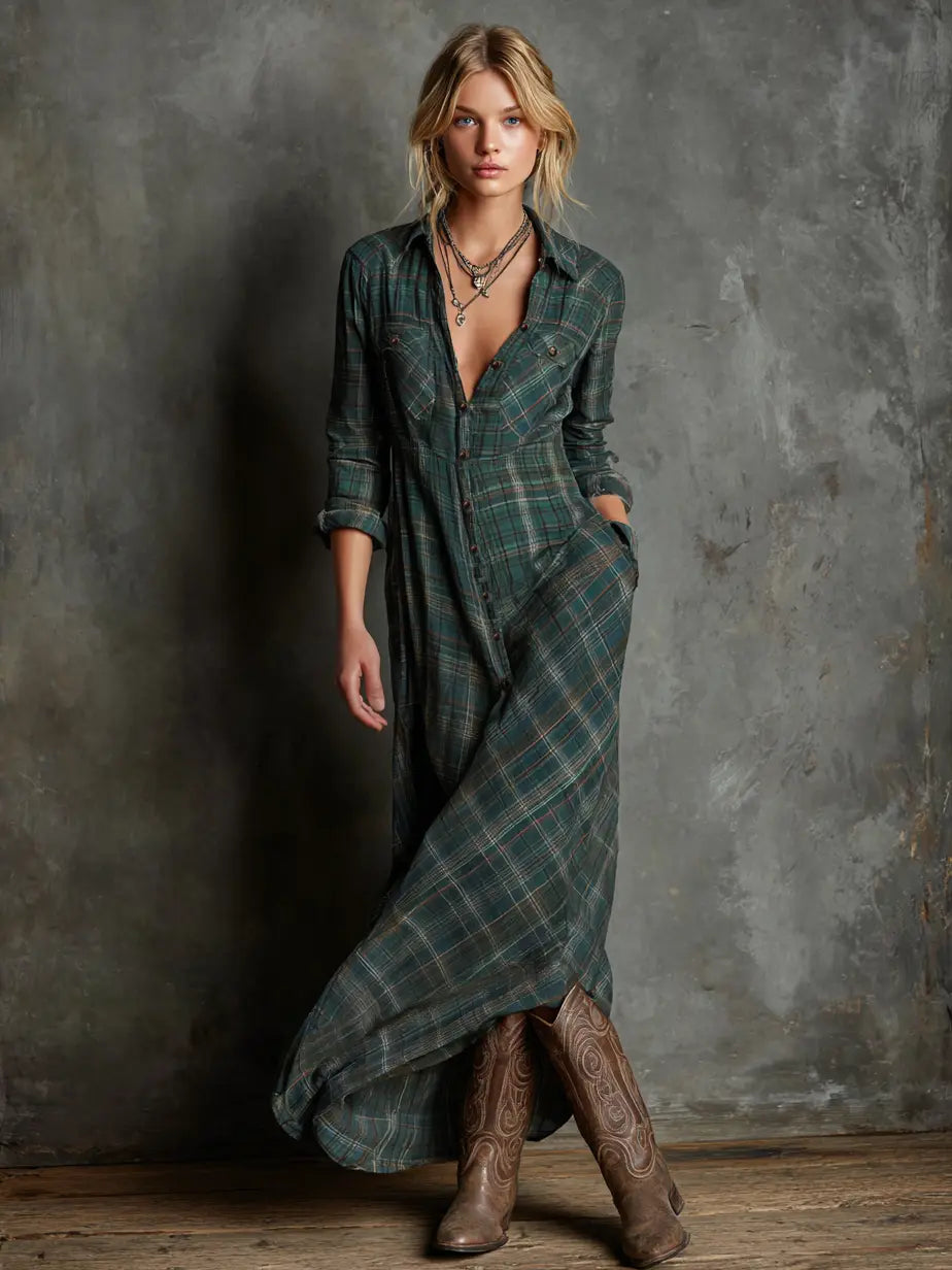 Ysaline | Robe Maxi Chemise à Carreaux à Col Revers