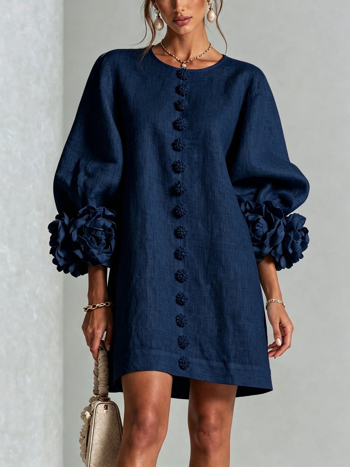 Philippine | Robe Fleurie à Manches Lanterne et Col Rond