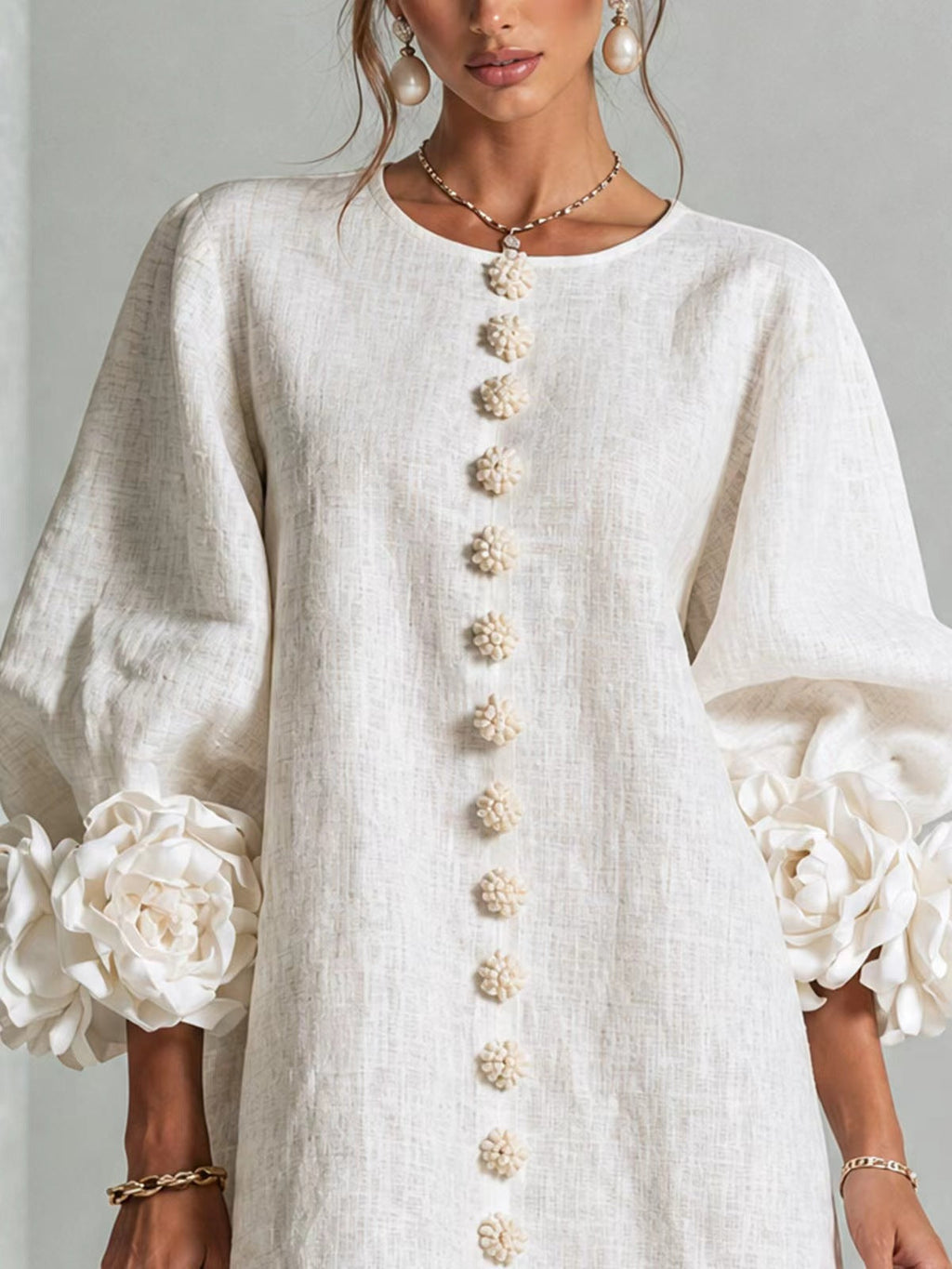 Philippine | Robe Fleurie à Manches Lanterne et Col Rond