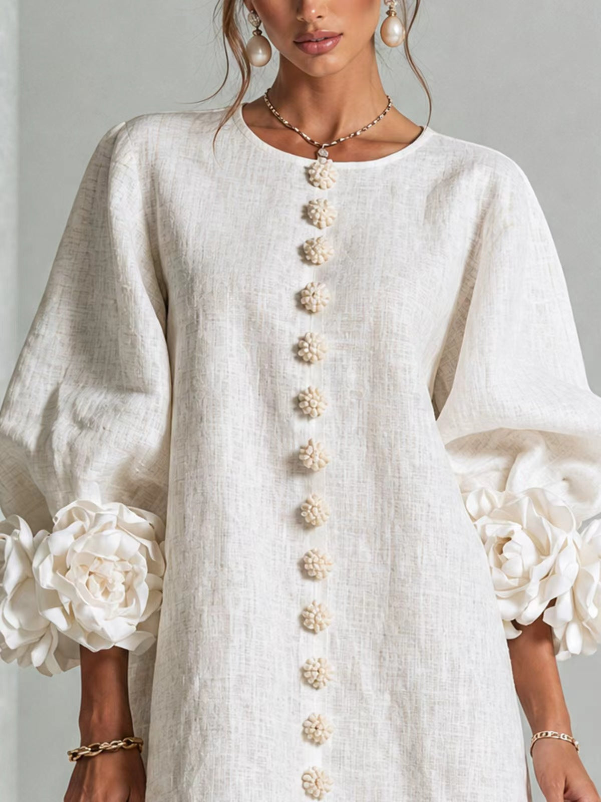 Philippine | Robe Fleurie à Manches Lanterne et Col Rond
