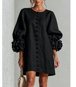 Philippine | Robe Fleurie à Manches Lanterne et Col Rond