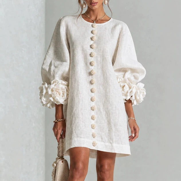 Philippine | Robe Fleurie à Manches Lanterne et Col Rond